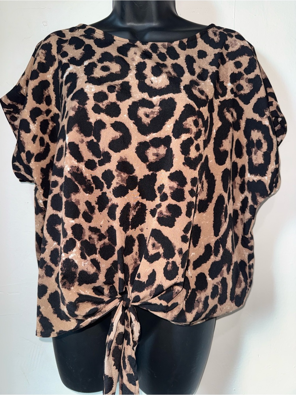 SHEIN Leopard Print Tie-Front Blouse in Black & Tan